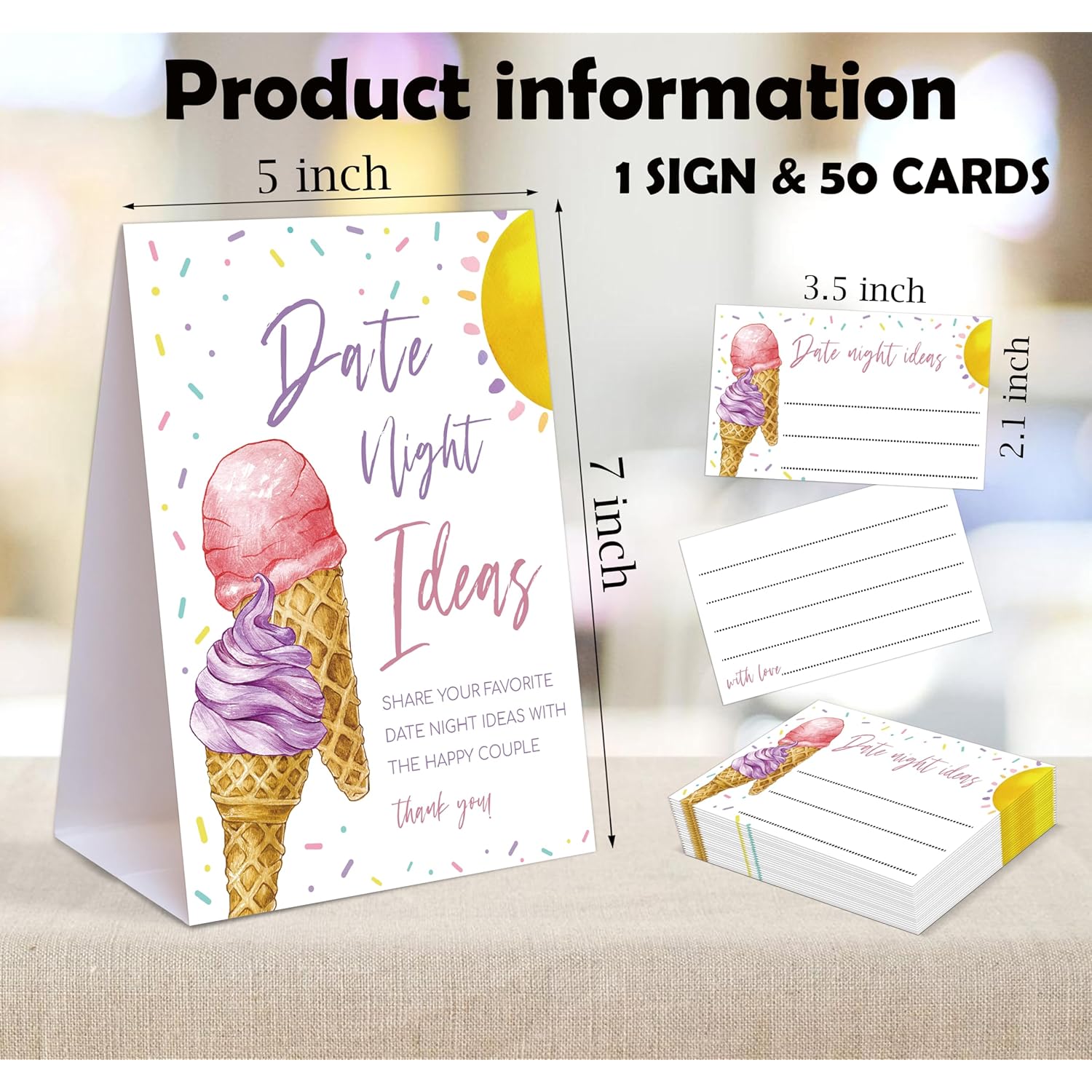 Pink & Purple Ice Cream Themed Share Your Date Night Ideas Game, 1 Tabletop Sign And 50 Cards, Bridal Shower Games 50 Guests, Wedding Shower Games For Engagement Wedding Event & Party Supplies