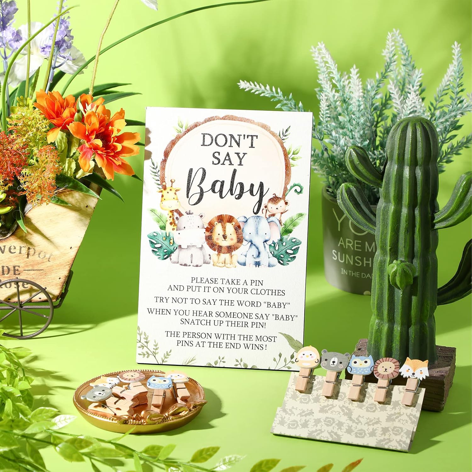 51 Pcs Don'T Say Baby Shower Game Favors Include Forest Animal Baby Shower Sign And 50 Mini Animal Clothespins For Boys Girls Gender Reveal Party Decoration Supplies