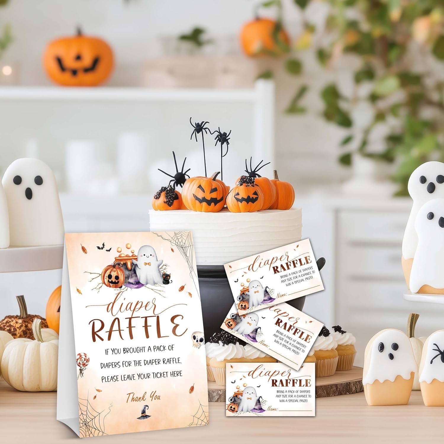 Halloween Baby Shower Games, Hilarious Diaper Raffle Tickets, Pumpkin Gender Reveal Game Cards For Baby Party Supplies, 1 Standing Sign + 50 Tickets - A07
