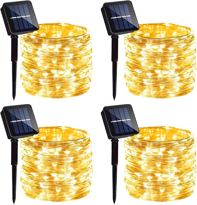 4 Pack Solar Fairy Lights 131FT 400 LED Warm White Outdoor String Lights Waterproof Silver Wire Twinkle Lights with 8 Modes for Garden Patio Wedding Party Decor