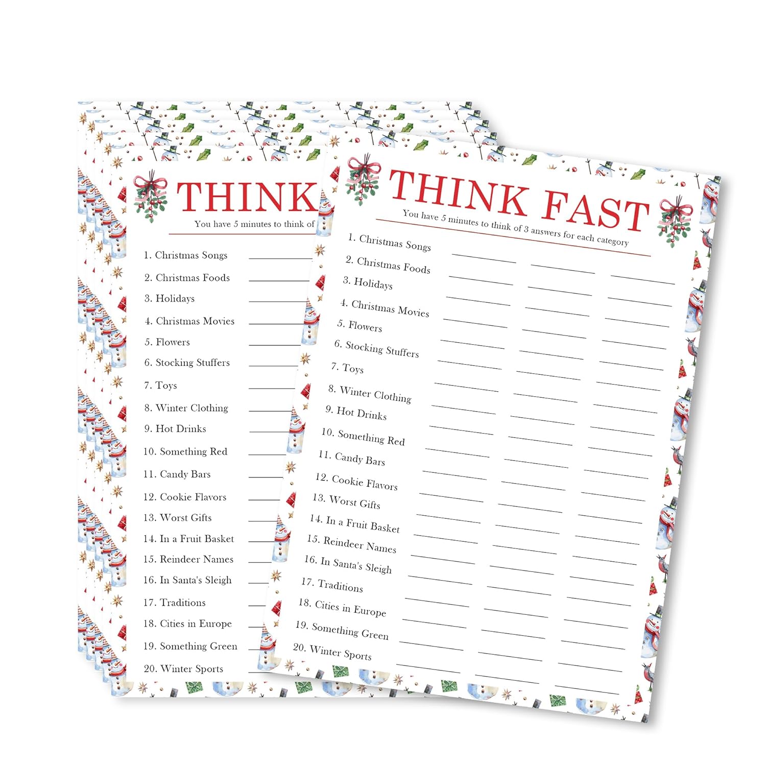 20 Pieces Christmas Game Cards - Think Fast - 7 X 10" Holiday Party Game Activity Set For Adult Office Annual Festive Events Xmas Party Favor And Decorations (Snowman)- A04