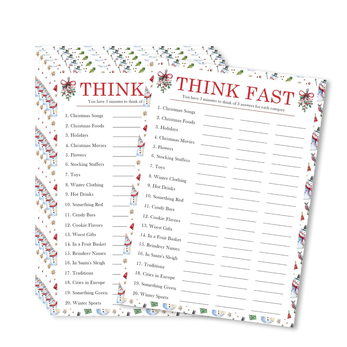 20 Pieces Christmas Game Cards - Think Fast - 7 X 10" Holiday Party Game Activity Set For Adult Office Annual Festive Events Xmas Party Favor And Decorations (Snowman)- A04