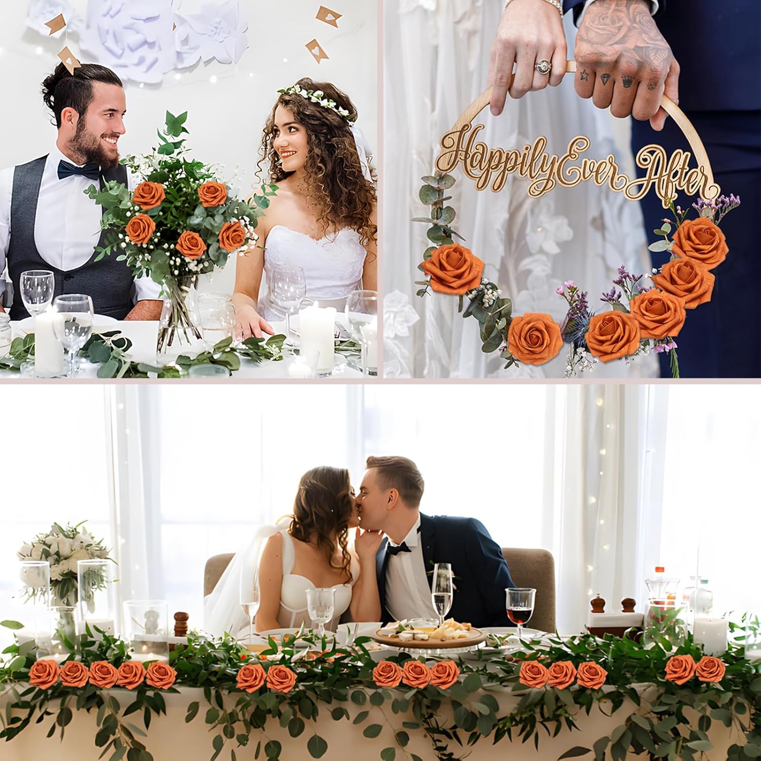 100Pcs Artificial Flowers Burnt Orange Roses Real Looking Foam Fake Roses With Leaves And For Diy Wedding Bouquets Bridal Shower Centerpieces Party Decorations (Burnt Orange, 100)