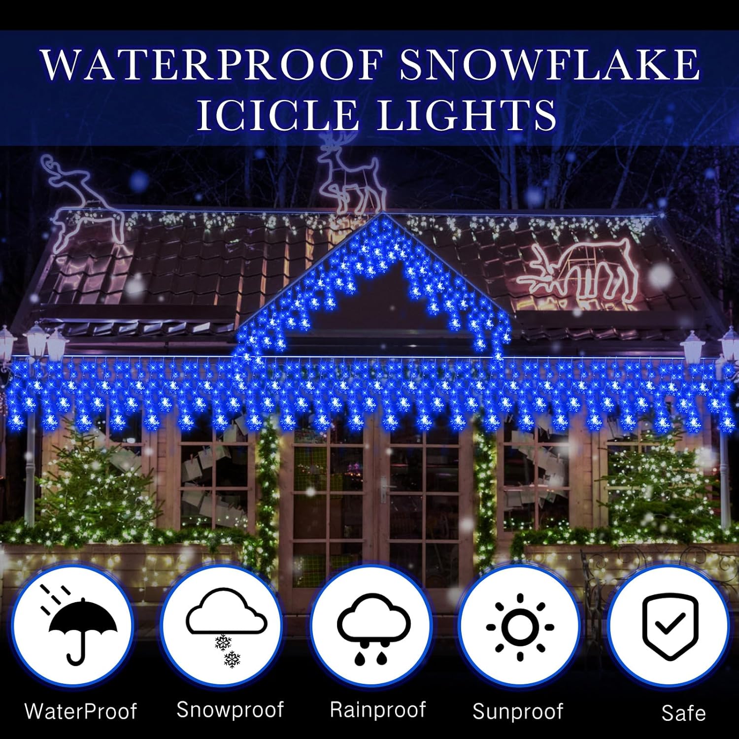 Christmas Snowflake Icicle Lights, 33 Ft Outdoor Snowflake Lights With Remote 8 Mode Waterproof 380 Leds 76 Drops For Cu