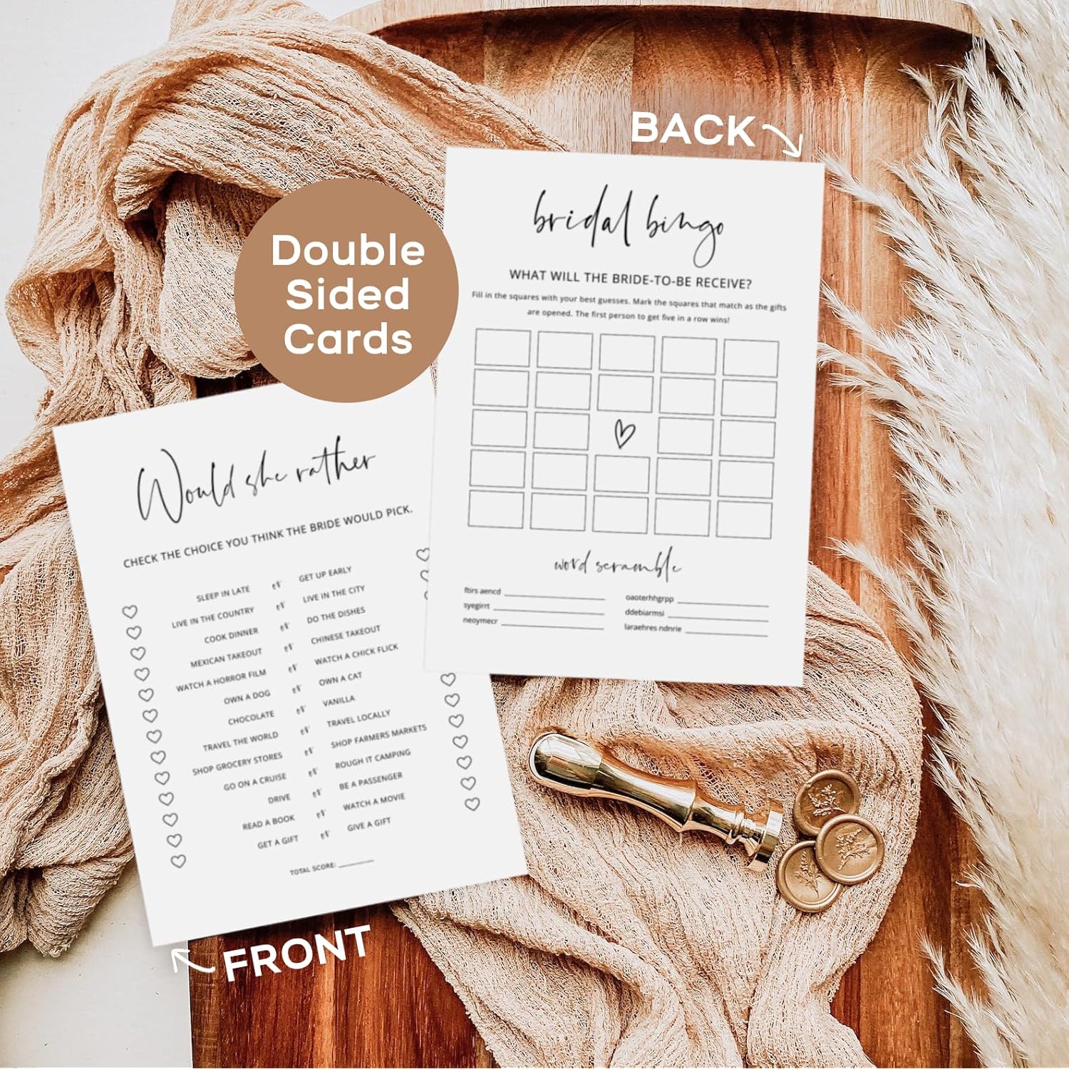 Bridal Shower Games Bundle - 5 Bridal Shower Games And Pencils For 30 Guests, Double-Sided Cards, Minimalist