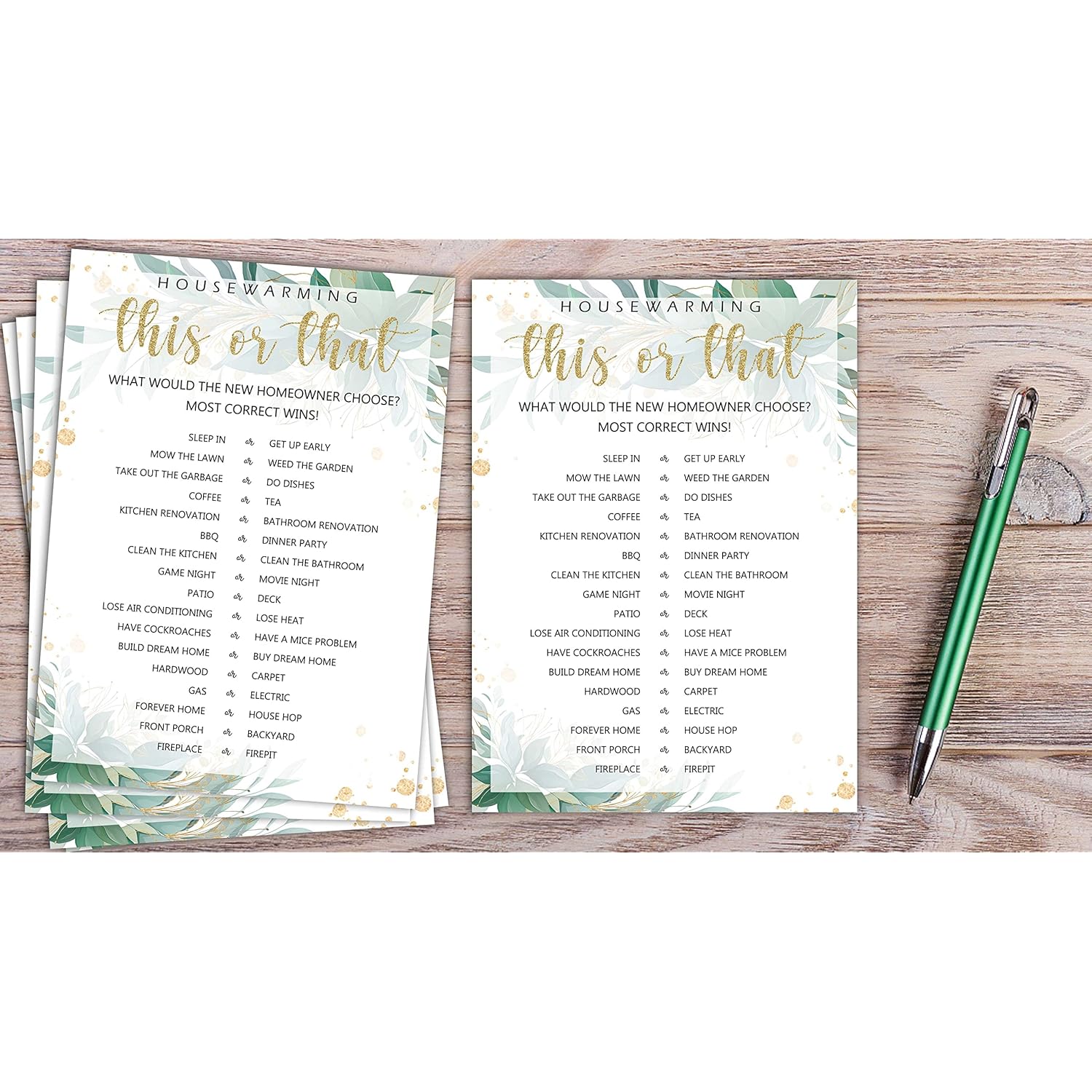 Housewarming Party Games, This Or That, Greenery Floral Golded New Home, New House, New Homeowner Party Games Cards, 30 Sheets Each Pack