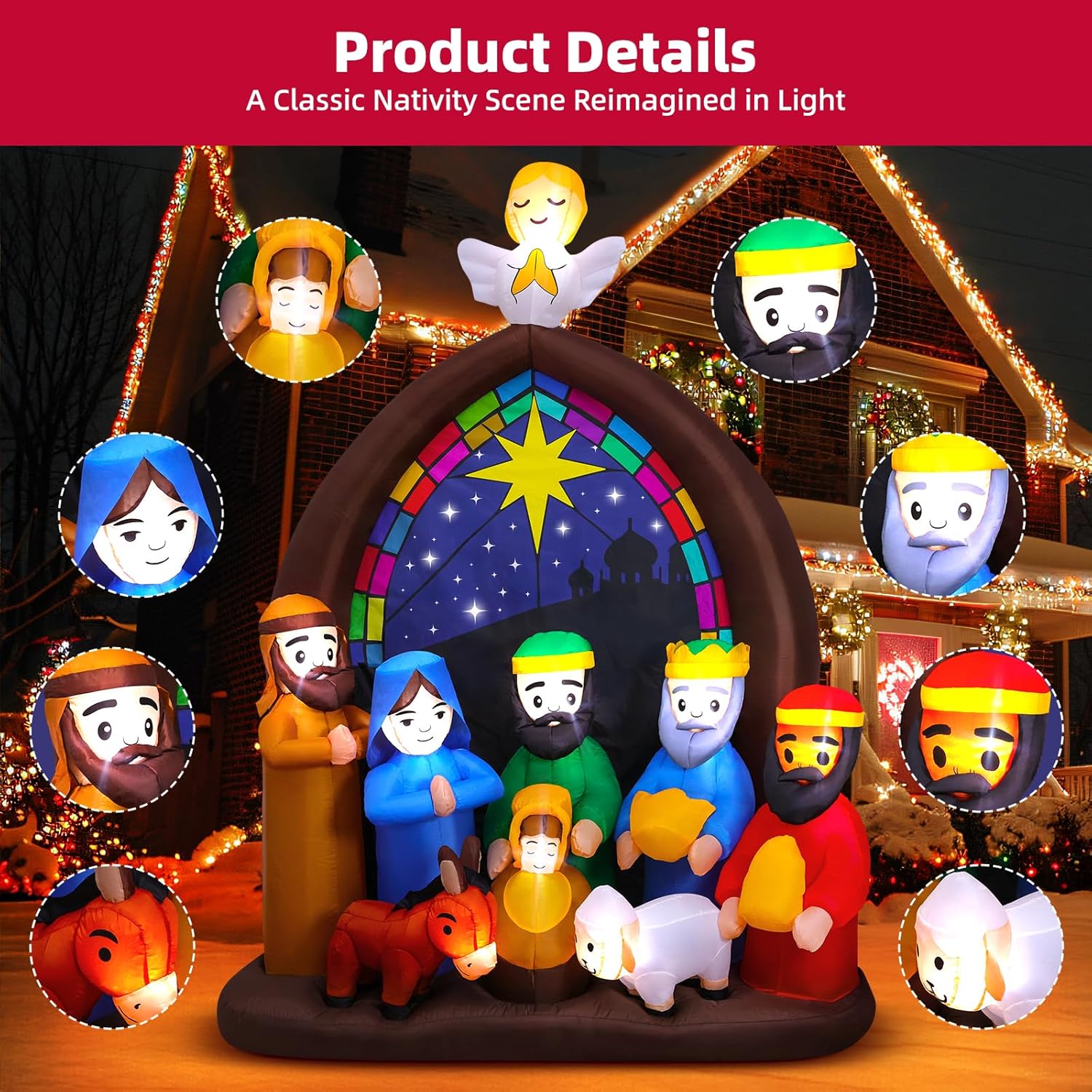 8Ft Christmas Inflatables Nativity Scene Outdoor Decorations With Led Lights, Large Christmas Jesus Blow Up Yard Decorat
