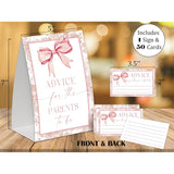 Advice For The Parents To Be Sign And 50 Baby Predictions And Advice Cards, Pink Bow Baby Shower Decorations, Advice For New Parents, Baby Shower Ideas, Gender Reveal Party Favors