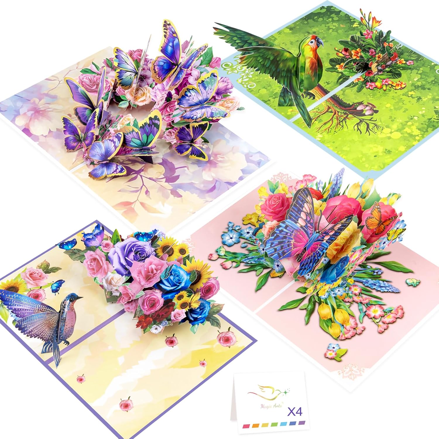 Pop Up Card Set For Women – 4 Pack 3D Greeting Cards With Butterflies, Flowers & Parrot – Birthday, Thank You, Get Well, Sympathy, Concelence, All Occasion – Includes 4 Envelopes & 4 Blank Notecards