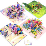 Pop Up Card Set For Women – 4 Pack 3D Greeting Cards With Butterflies, Flowers & Parrot – Birthday, Thank You, Get Well, Sympathy, Concelence, All Occasion – Includes 4 Envelopes & 4 Blank Notecards