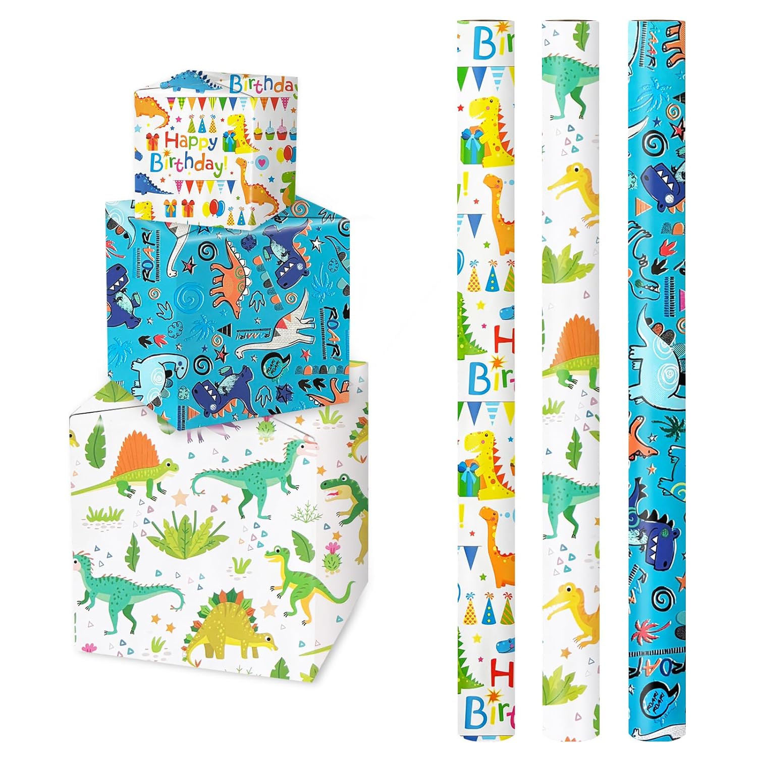 Happy Birthday Dinosaur Wrapping Paper - 3 Rolls, 17" X 120" Each, Packing Paper, Gift Wrap, Dinosaur Party Favor, Birthday Wrap For Girls & Boys, Baby Shower