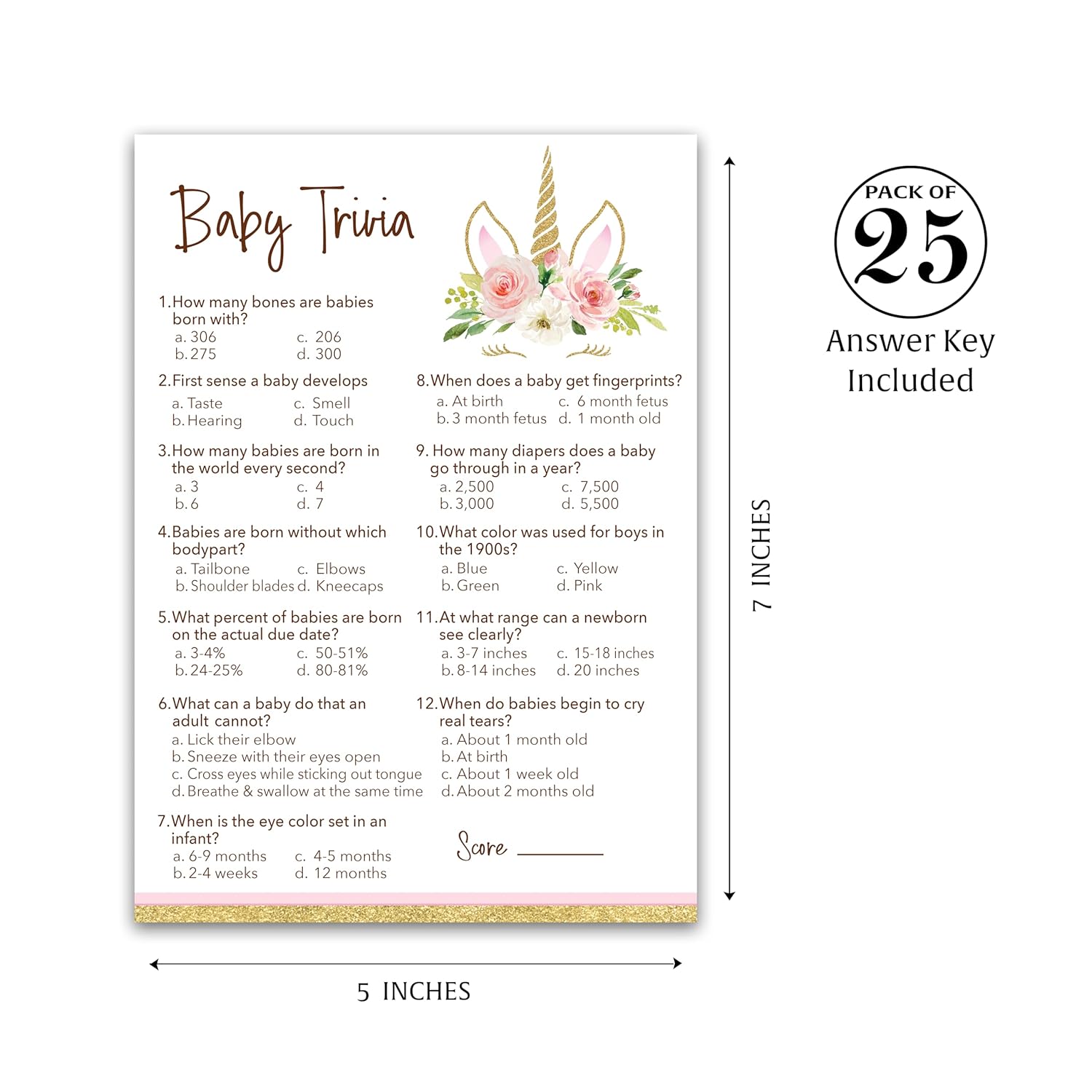 Unicorn Girl Baby Shower Games — Baby Trivia Game — Pack Of 25 — Fun Facts Pink Floral Magical Theme It’S A Girl Couples Shower Activity Sprinkle Sip See G640-Trv