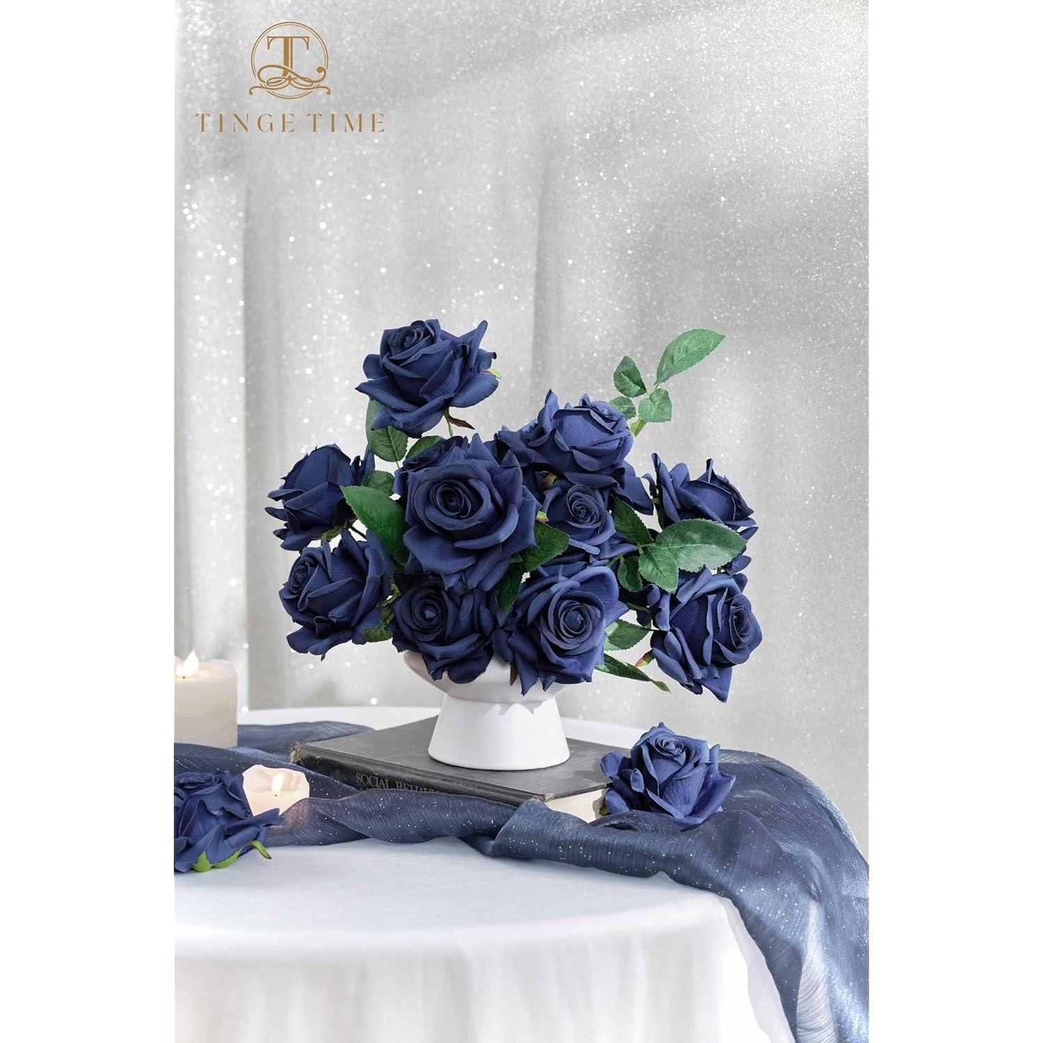 16Pcs Artificial Flowers Rose Box, Navy Blue Silk Flowers Bulk W/Stem, Fake Rose Real Touch Silk Flowers For Diy Wedding Bouquet Centerpiece Party Home Decorations