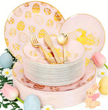 150Pcs Easter Plates with Gold Bunny - Pink Plastic Dinnerware Includes 30 Egg and Rabbit 30 Dessert Plates, 30 Forks, 30 Spoons,30 Knives for Easter Party