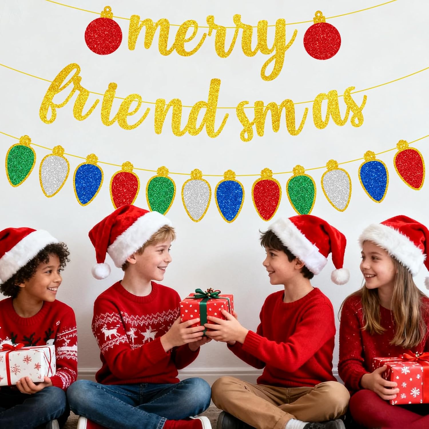 Merry Friendsmas Banner,Glitter Pre-Strung Gold Friends Themed Christmas Party Banner Garland For Friendsmas Christmas Party Decorations,Xmas Winter Holiday Decor,Indoor,Office,Fireplace,Wall