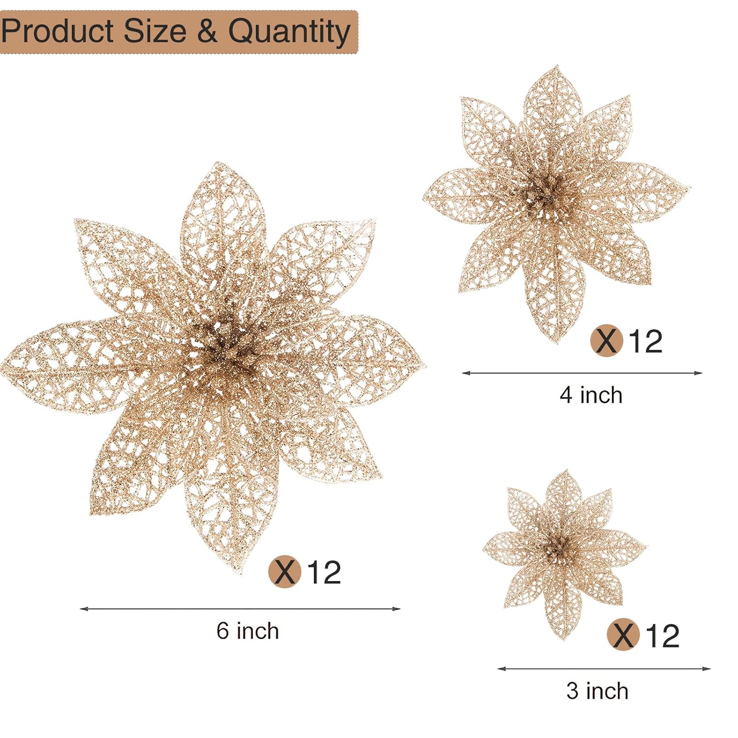 24 Pieces Glitter Poinsettia Flowers Christmas Tree Ornaments, Glitzy Poinsettia Bushes Christmas Decorations For Xmas/Holiday/Seasonal/Wedding (Champagne)