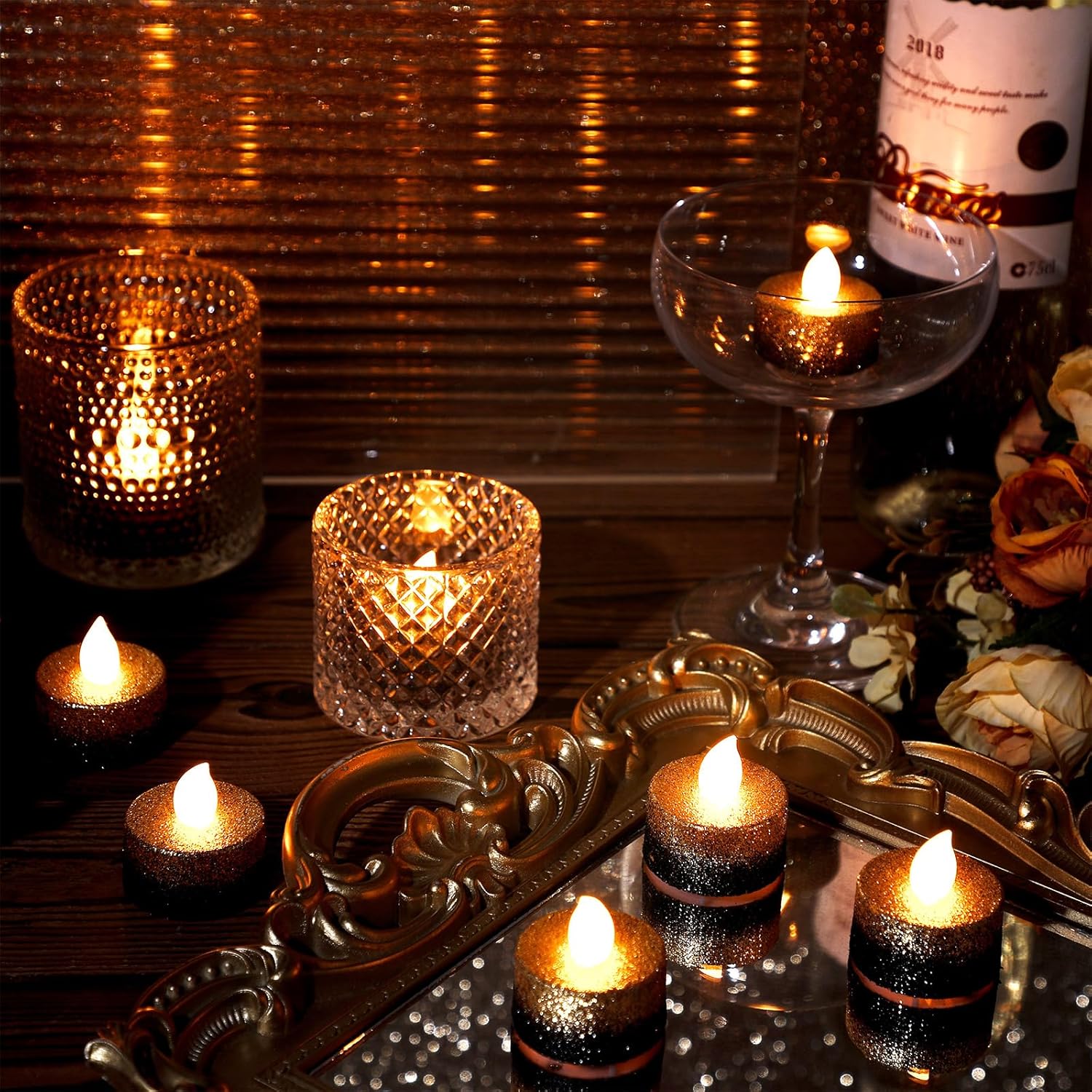 24 Pcs Flameless Led Tea Lights Gold Black Glitter Flickering Fake Led Candles Tealights Battery Operated Romantic Anniversary Decorations Winter Decor For Valentines Wedding Christmas Party