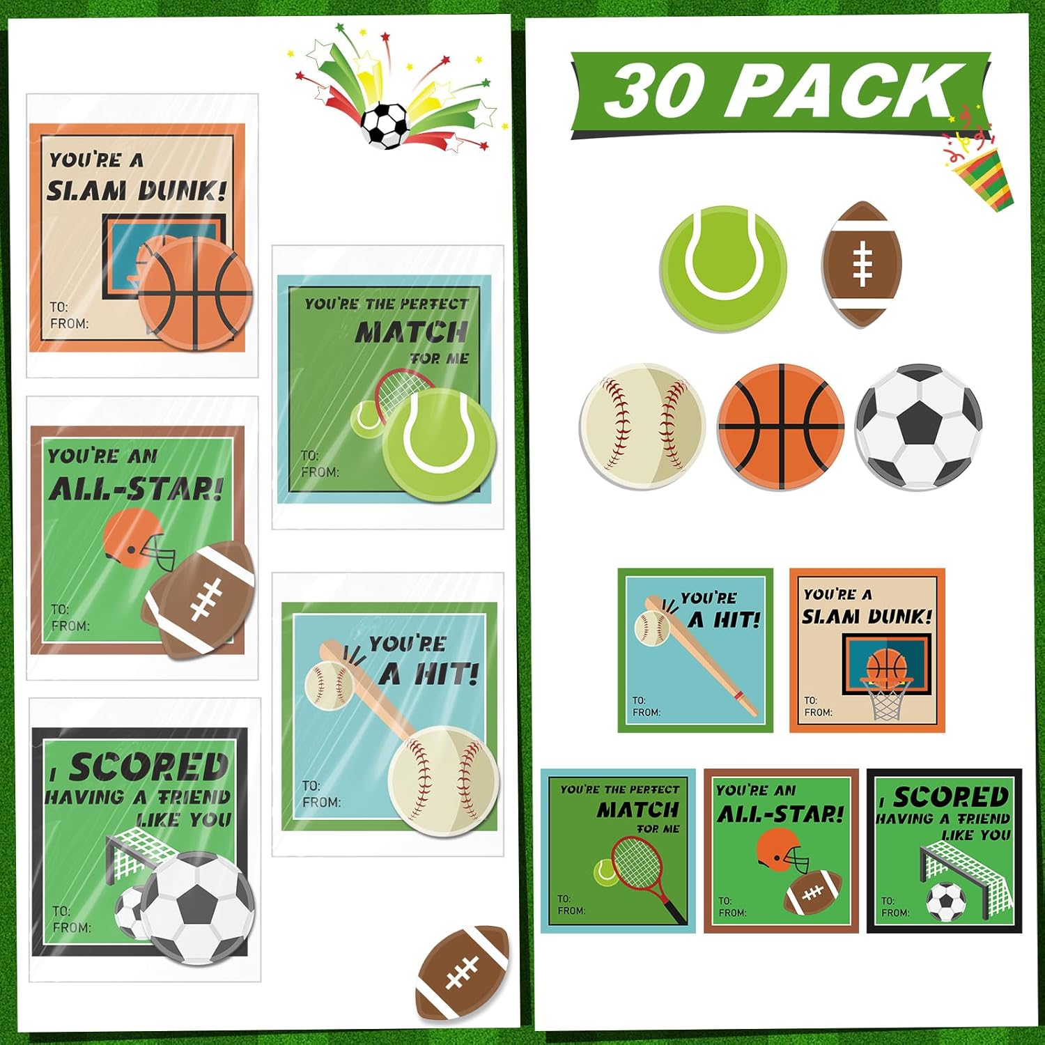 30 Pack Sports Valentines Day Gifts With Sports Stick Notes Valentine Cards For Gifts Exchange Basketball Football Baseball Soccer Tennis Party Supplies Game Prizes