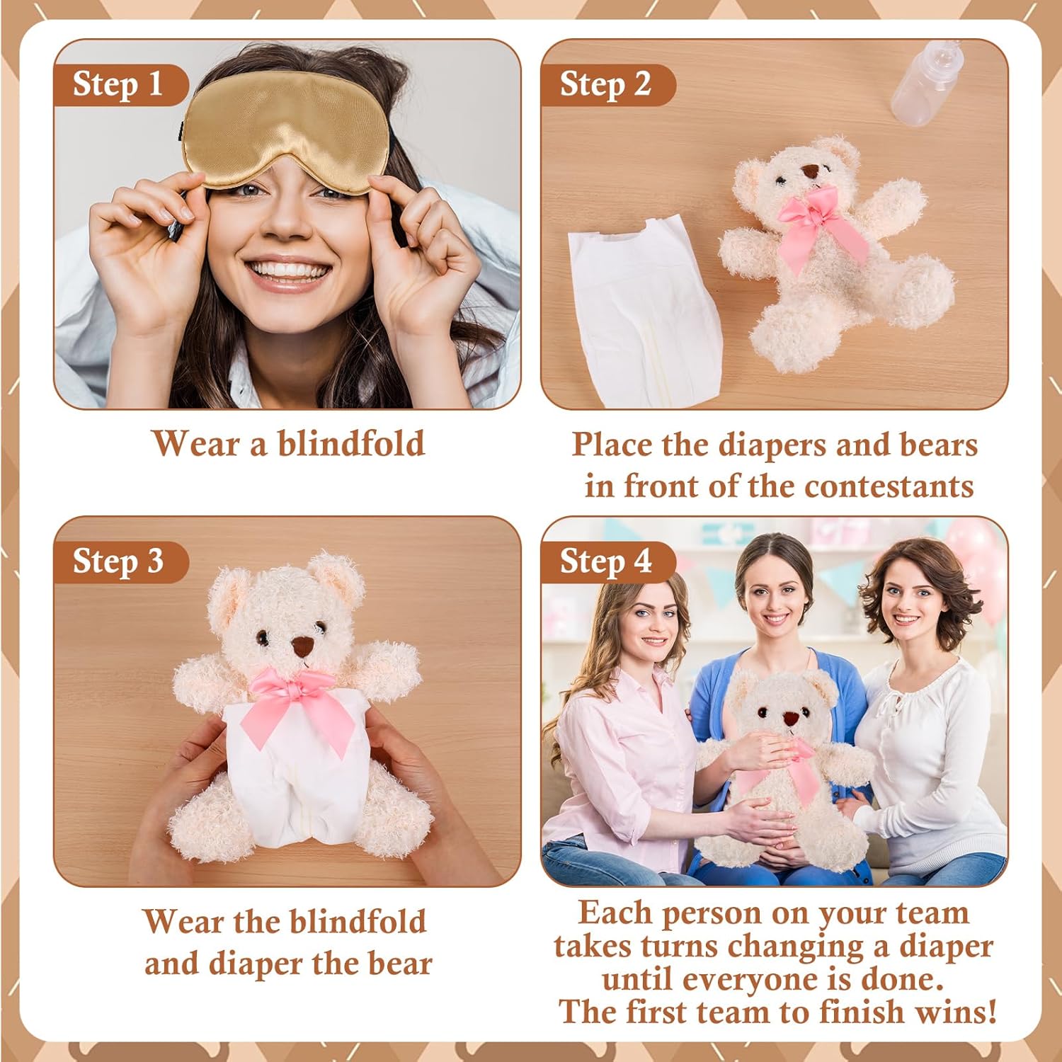 61Pcs Bear Blindfolded Diaper Changing Baby Shower Game Set Funny Baby Dolls Diapers Eye Masks Milk Bottles For Gender Reveal Party Game Prize Gift Supplies