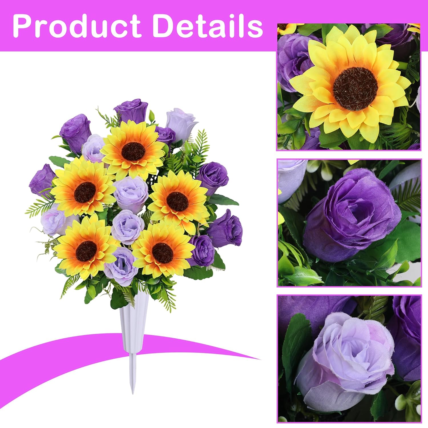 Artificial Cemetery Flowers For Grave,Set Of 2 Artificial Rose Sunflower Bouquet Graveyard Memorial Flowers For Outdoor Grave Decorations ? (Purple)