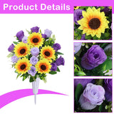 Artificial Cemetery Flowers For Grave,Set Of 2 Artificial Rose Sunflower Bouquet Graveyard Memorial Flowers For Outdoor Grave Decorations ? (Purple)