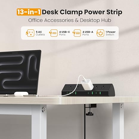 Desk Clamp Power Strip 5 Outlets 8 USB Ports 4 USB C 45W Fast Charging 6FT Surge Protector