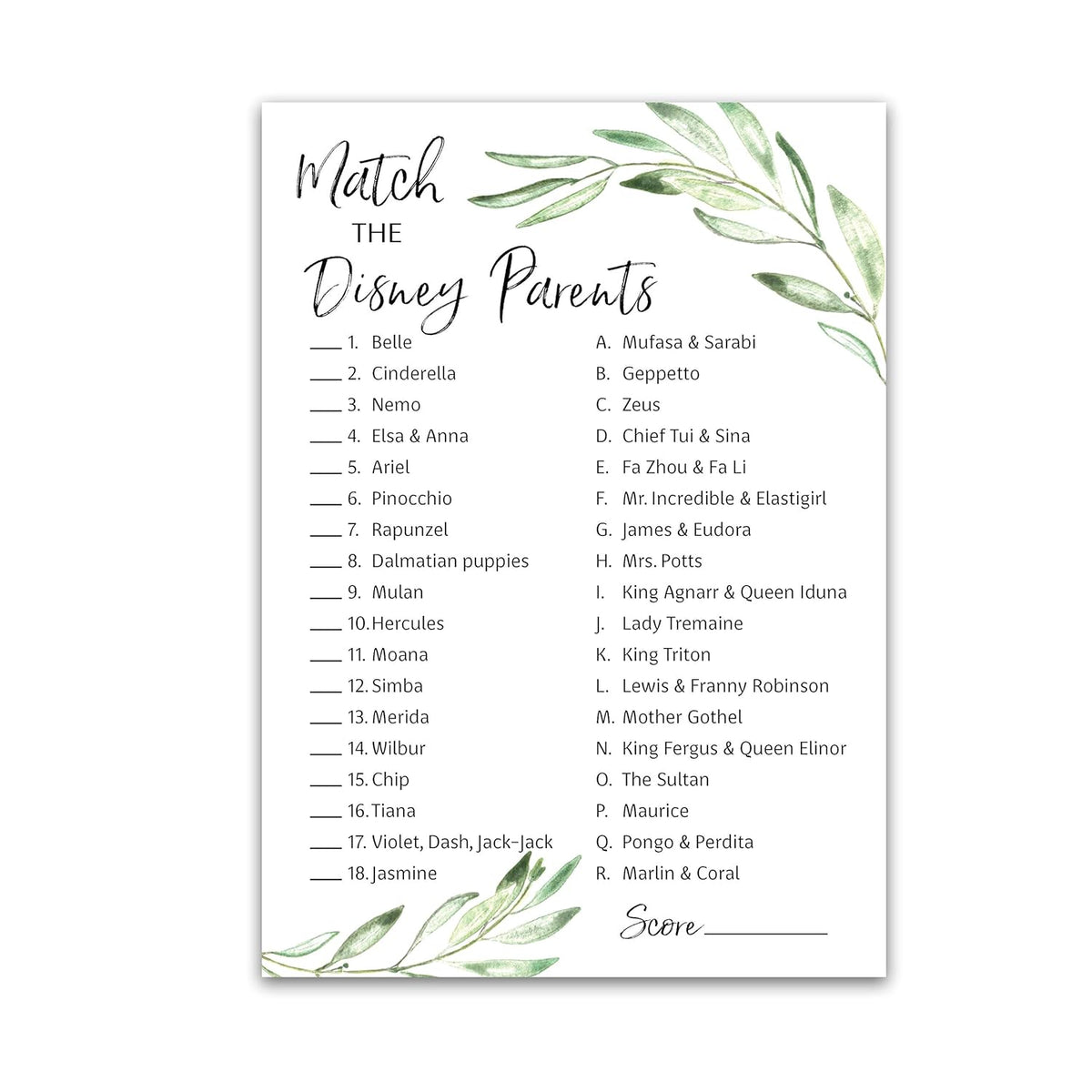 Greenery Baby Shower Games — Cartoon Parent Match Game — Pack Of 25 — Gender Neutral Floral, Green Leaves Branch, Fun Match The Cartoon Parents Baby Shower Activity G320-Dpm