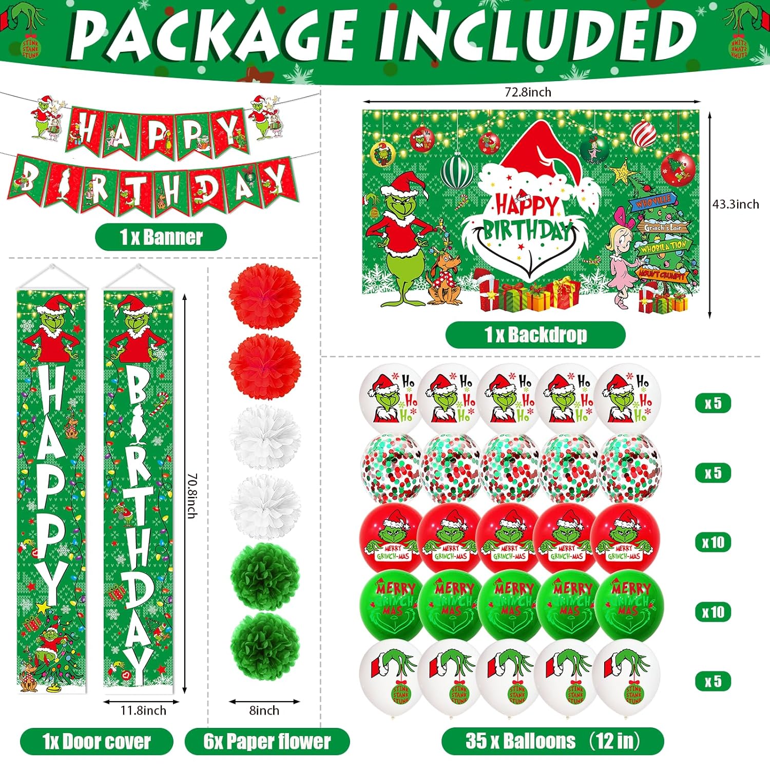 59Pcs Christmas Birthday Decorations - Happy Birthday Banner, Porch Sign, Door Backdrop, Outdoor Hanging Decor And Balloons For Party Supplies