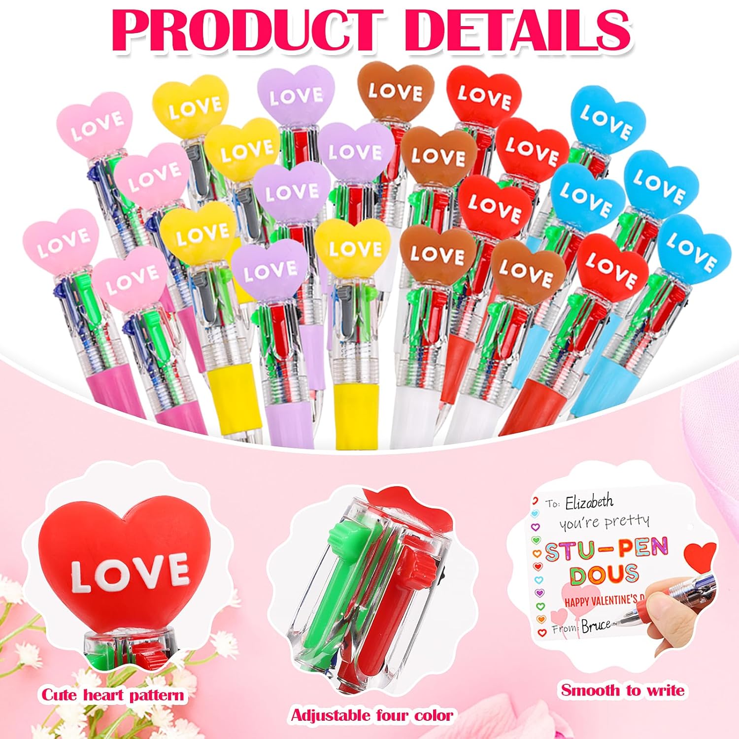 24 Set Mini Multicolor Pens In One Valentine 4-In-1 Ballpoint Pen Pens With Valentine'S Day Cards For Valentine'S Day Party School Students Office Exchange Gift