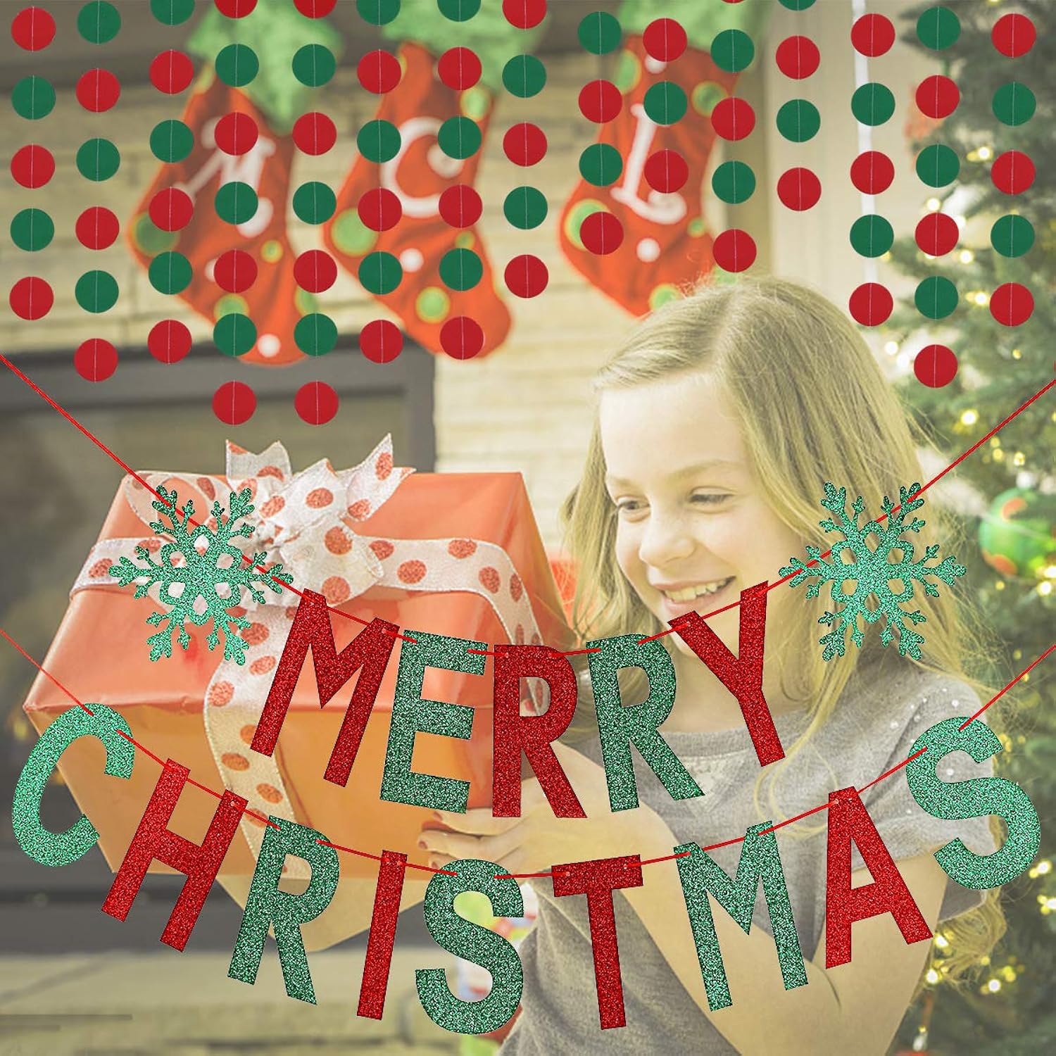Red And Green Merry Christmas Banner Merry Christmas Garland Banner, Christmas Party Banner Merry Xmas Banner For Xmas Holiday Fireplace Mantle Home Decor