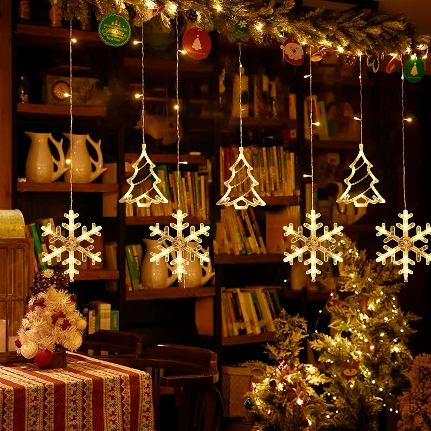 192 Led Christmas Curtain String Lights, 8.3 Ft Linkable Warm White Window Fairy Lights With 12 Christmas Tree & Snowfla