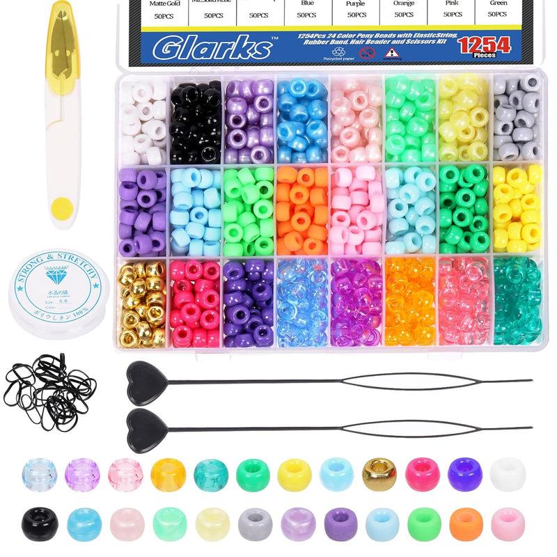 1254Pcs 24 Color Pony Beads With Elastic String, Rubber Band, Quick Beader And