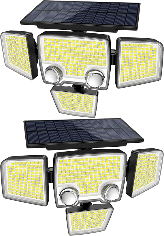 2500LM Solar Motion Sensor Security Flood Light 4 Head Waterproof Outdoor Wall Lamp