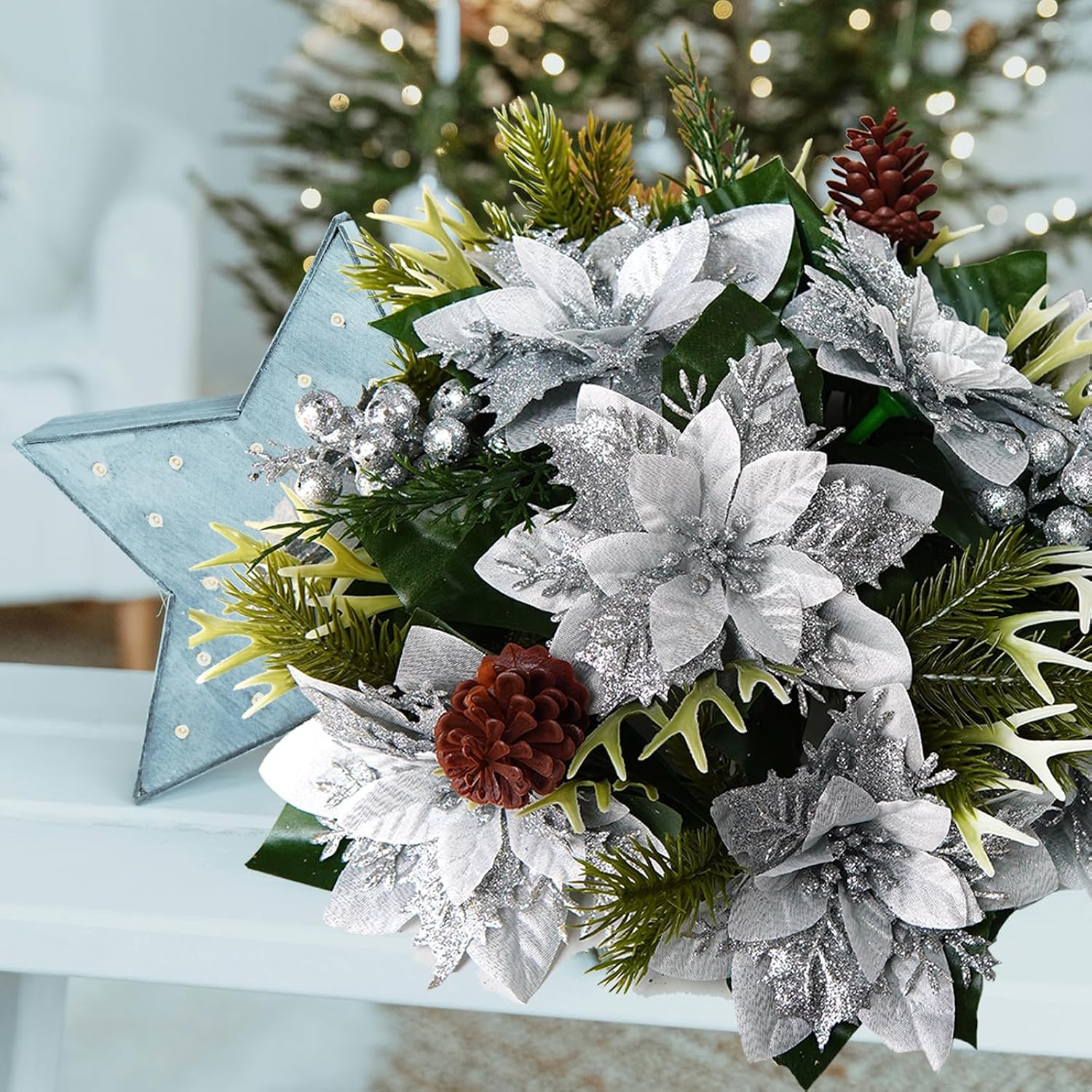 Poinsettias Flowers Artificial Glitter Christmas Flowers Artificial For Home Party Table Door Decor (Silver)
