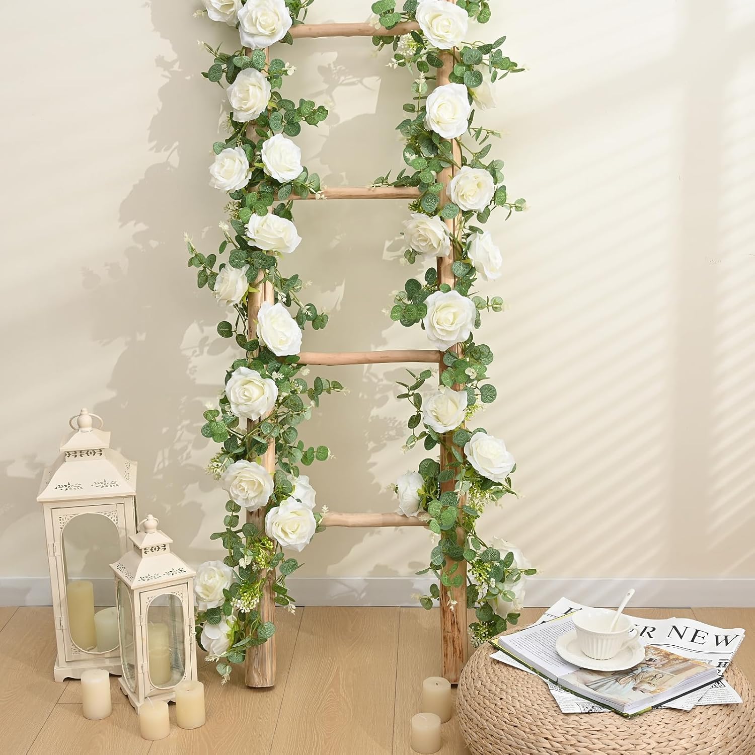 2Pcs 13Ft Artificial Eucalyptus Garlands With Flowers - 8 Roses, Faux Floral Greenery Garlands Fake Flowers Vines For Wedding Table Centerpieces Arch Party Ceremony Backdrop Decor (White)