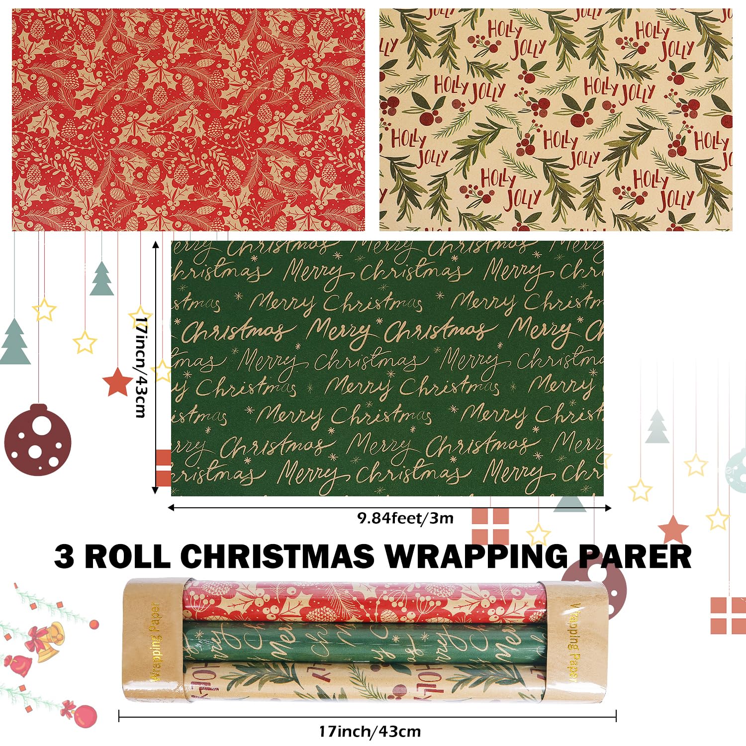 Christmas Wrapping Paper Rolls, Red And Green Kraft Gift Wrapping Paper, Holly Berries Pinecones Green Leaves And Merry Christmas Lettering Gift Wrap Paper For Xmas Holiday, 3 Mini Rolls 17 X 118 Inch