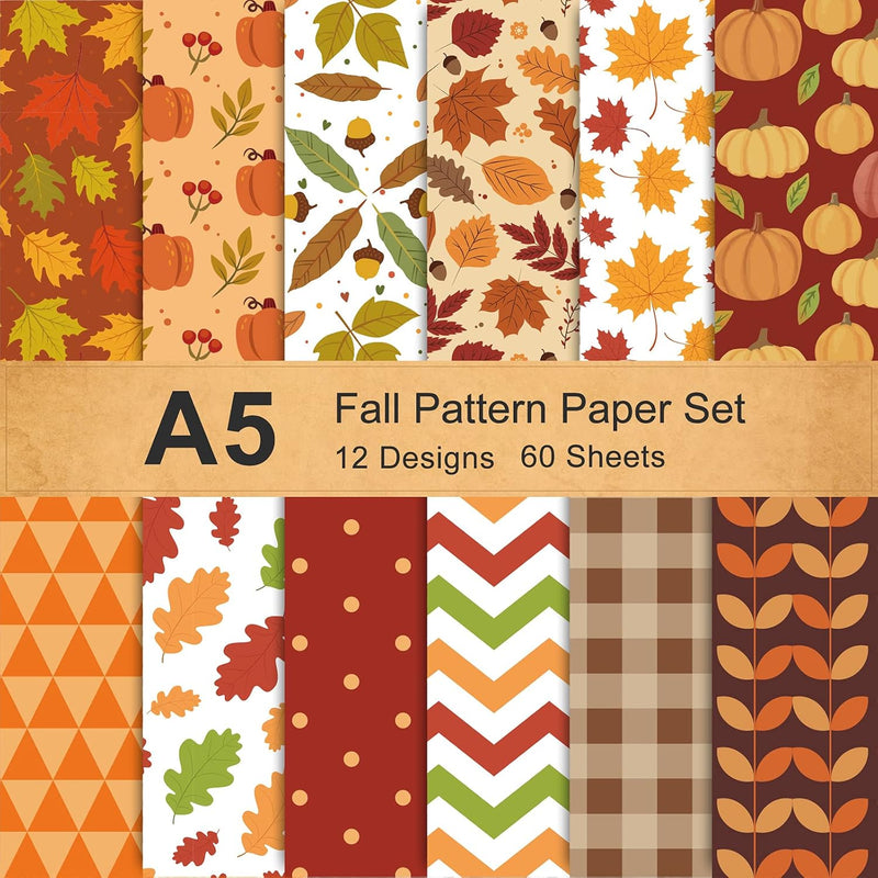 60 Sheets Autumn Pattern Paper 5.5 X 8.3 Inch Fall Leaves Pumpkin Plaid Craft