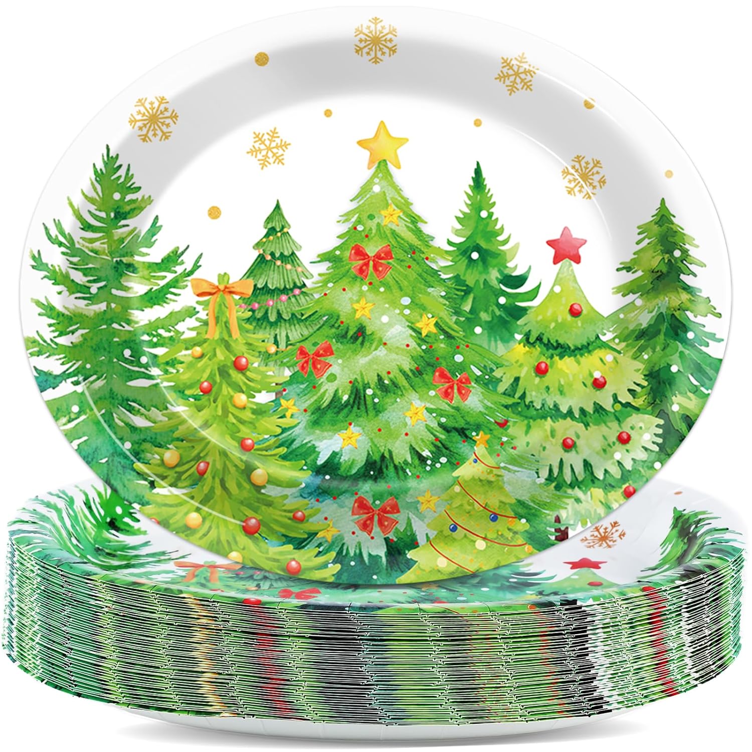 50Pcs Christmas Tree Oval Paper Plates 11Inch Holiday Winter Xmas Tree Table Platter Disposable Dish Tray Winter Tableware Set For Merry Xmas Birthday Party Dinner Supplies