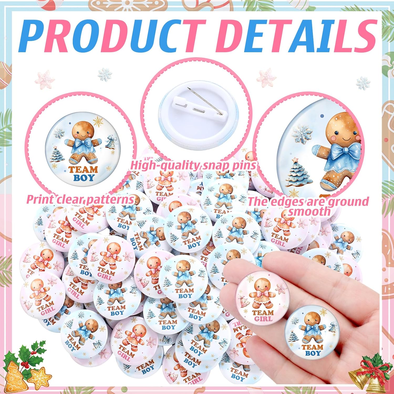 100 Pcs Christmas Gingerbread Man Gender Reveal Pins Team Boy Or Girl Gender Reveal Button Pins Bulk Blue Pink Baby Shower Badges For Holiday Baby Shower Game Party Favor