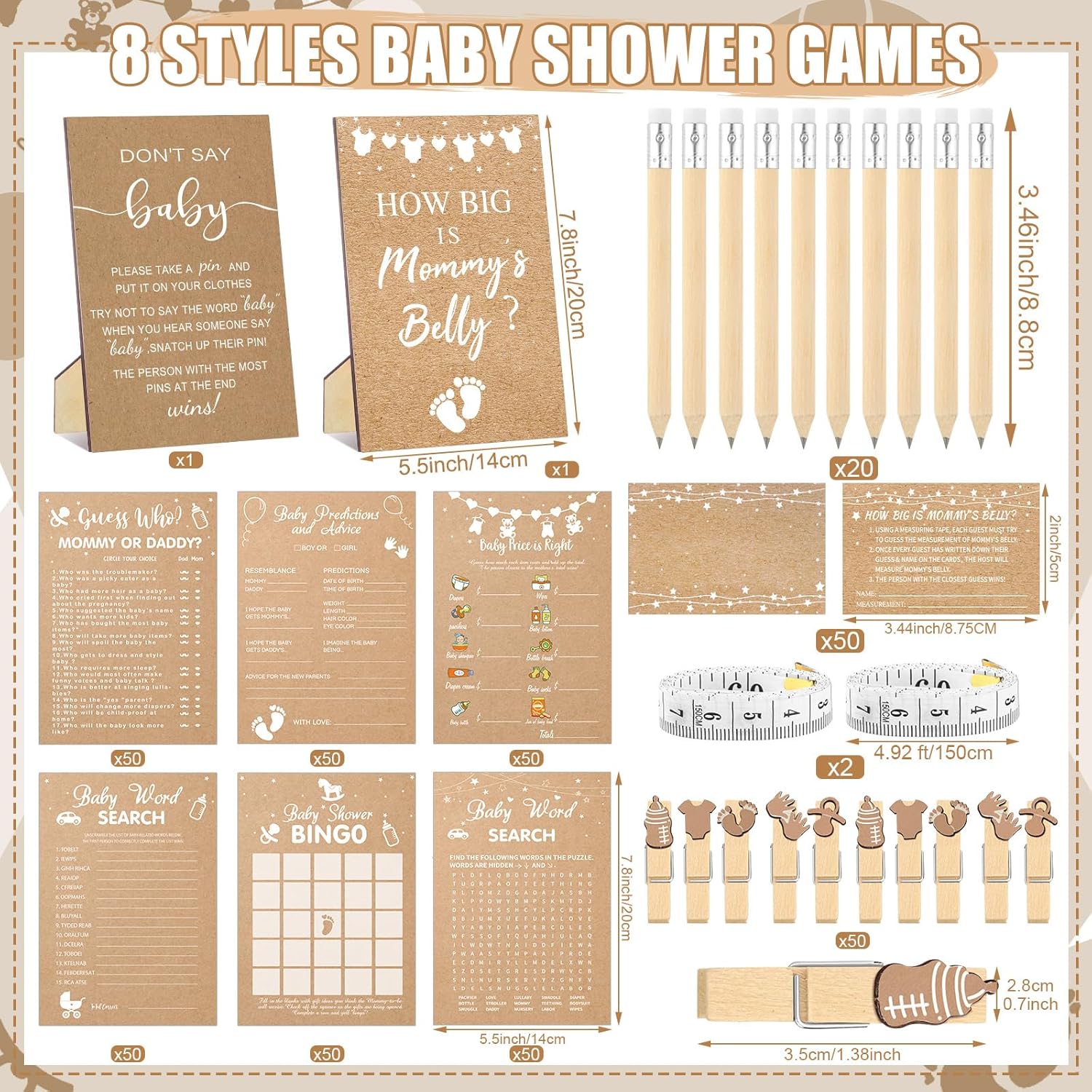 426 Pcs Kraft Baby Shower Games Set-8 Games, Includes Baby Shower Bingo, Price Is Right, Guess Who, Word Scramble, Prediction And Advice, How Big Is Mommy'S Belly, Don'T Say The Words