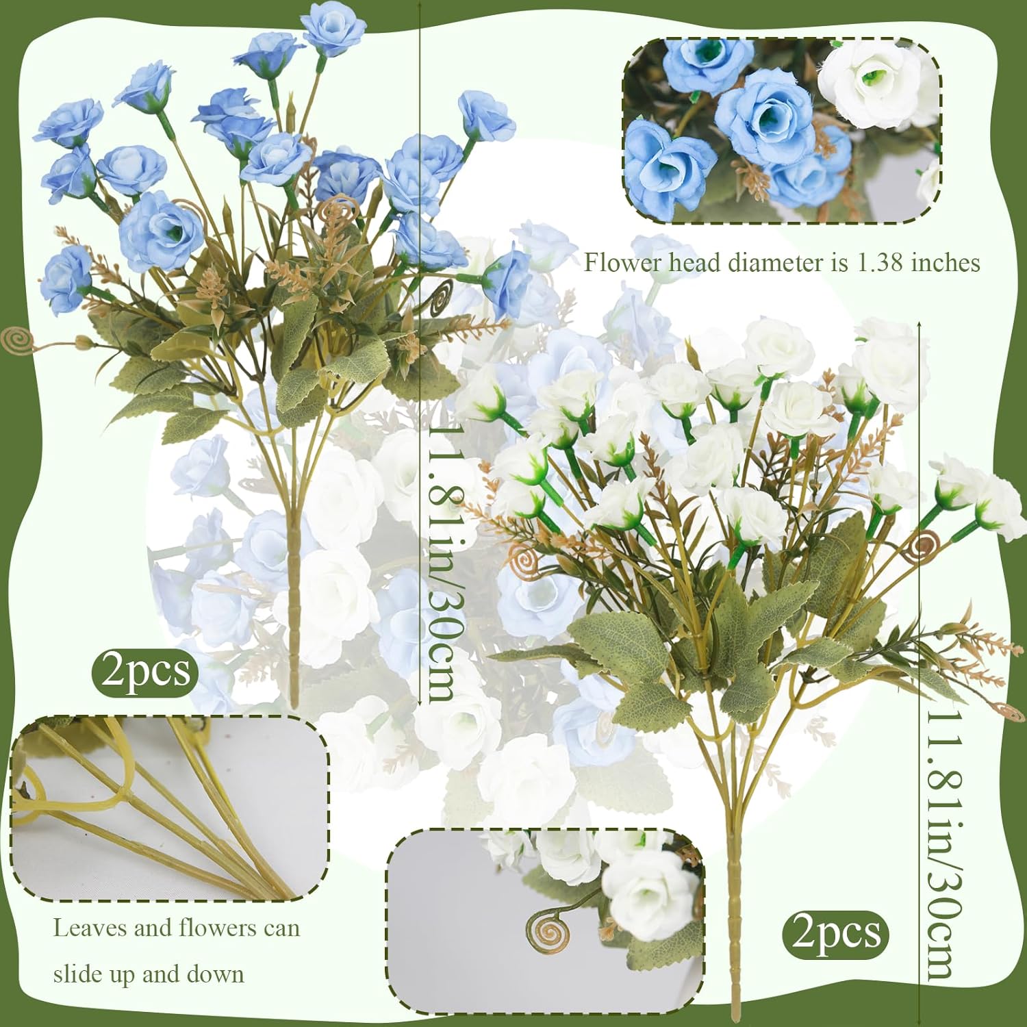 4 Pcs Fake Roses Artificial Flowers Bouquet Blue And White Mini Rose Heads Silk Flowers For Vase Centerpiece Table Wedding Party Bridal Shower Diy Home Indoor Outdoor Valentines Day Decor