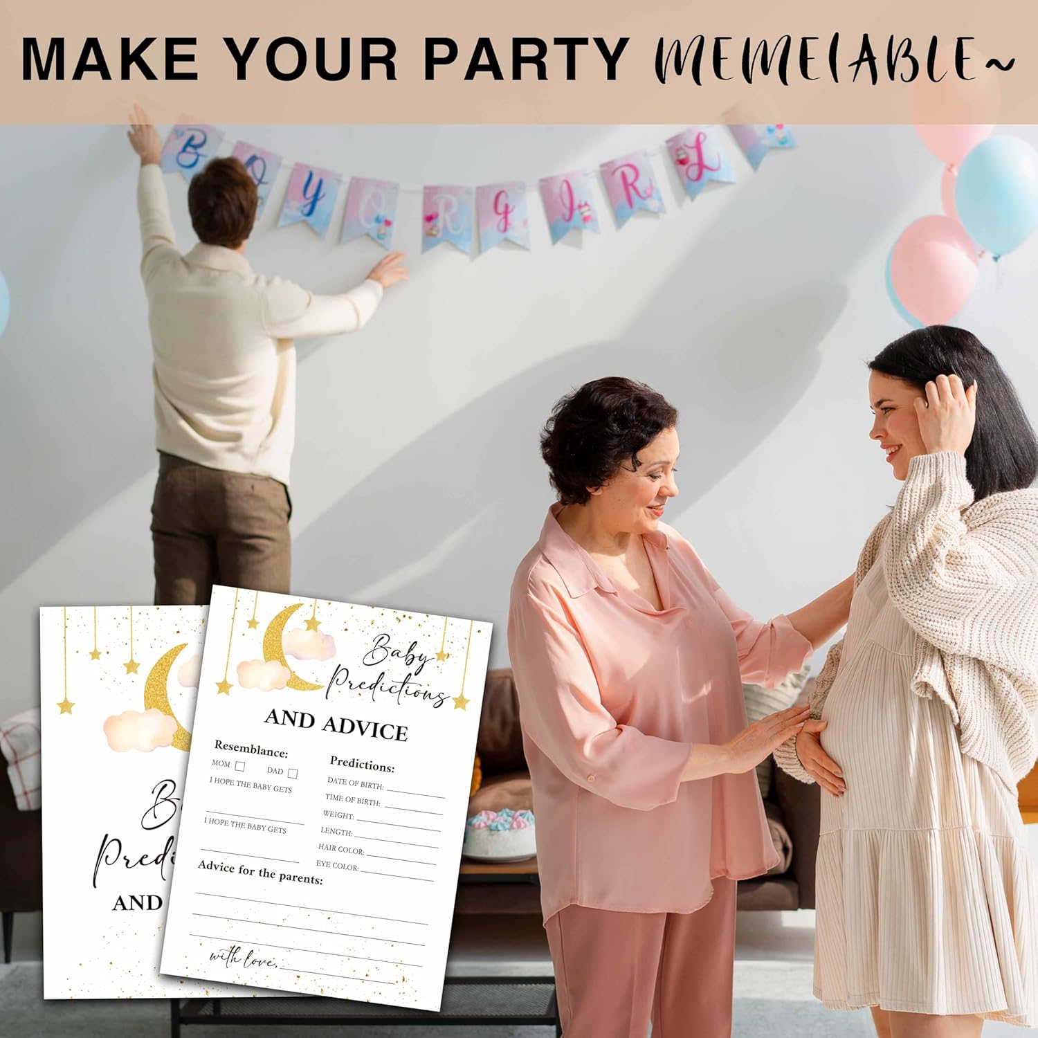 Baby Shower Party Games, Baby Predications And Advice Minimal Baby Shower Game, 25 Moon And Stars Gender Reveal Party Games Cards (5" X 7"), Over The Moon Baby Shower Supplies Decorations -06