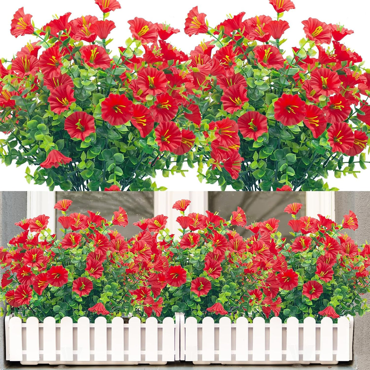 Artificial Flowers For Outdoors,8 Bundles Uv Resistant Fake Flowers Outside Faux Plastic Flowers For Outdoor Garden,Porch,Patio Décor(Red)