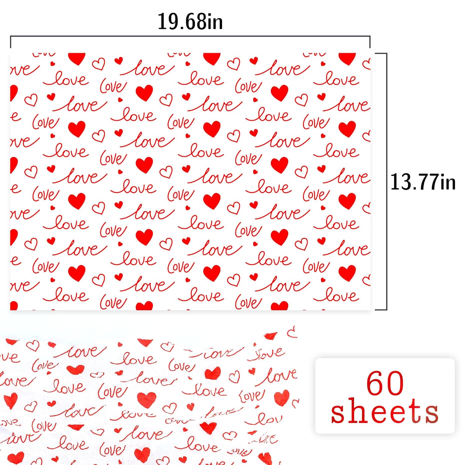 60 Sheets Red Love Tissue Paper Bulk,14" X 20",White With Red Love Heart Design Tissue Paper For Gift Bags, Birthday,Valentine'S,Mother'S Day,Weddings
