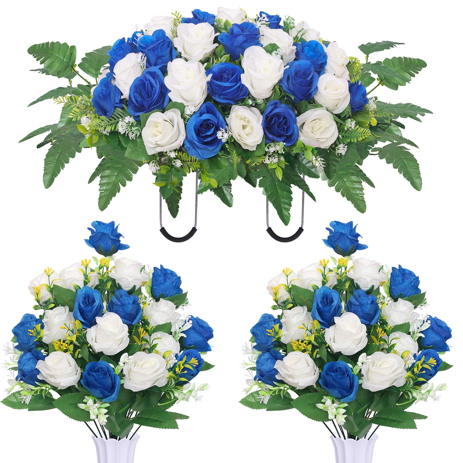 Artificial Cemetery Flower Saddles, Cemetery Memorial Flowers With Vase For Grave Tombstone Decorations,Artificial Rose Bouquet Grave Memorial Flowers (Blue White)