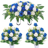 Artificial Cemetery Flower Saddles, Cemetery Memorial Flowers With Vase For Grave Tombstone Decorations,Artificial Rose Bouquet Grave Memorial Flowers (Blue White)