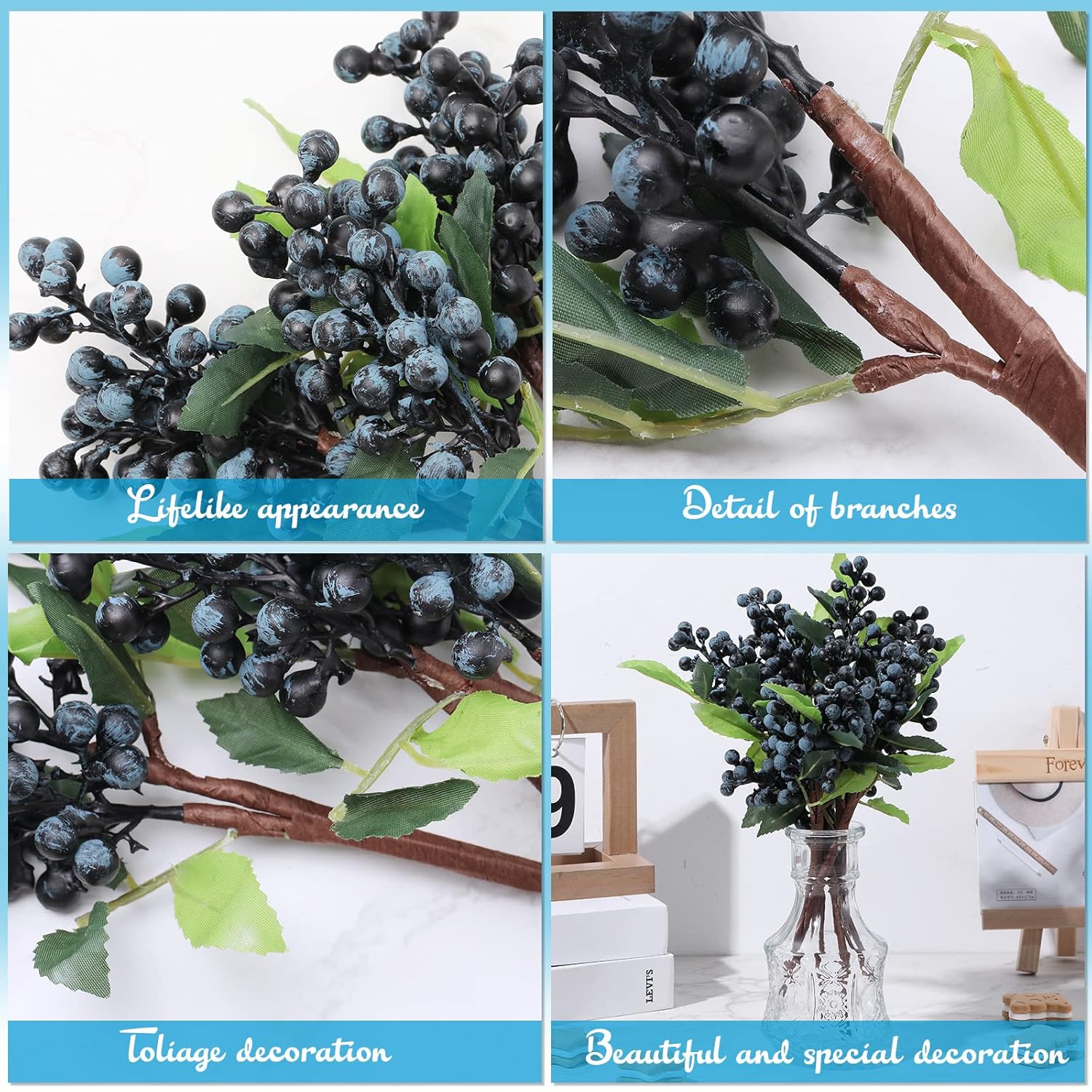 30 Pcs Artificial Blue Berry Stems Bulk, 9.8 Inch Faux Berry Picks With Green Leaves, Fake Short Branch Fruit Flower For Tree Garland Home Wedding Diy Party Decoration(Blue)