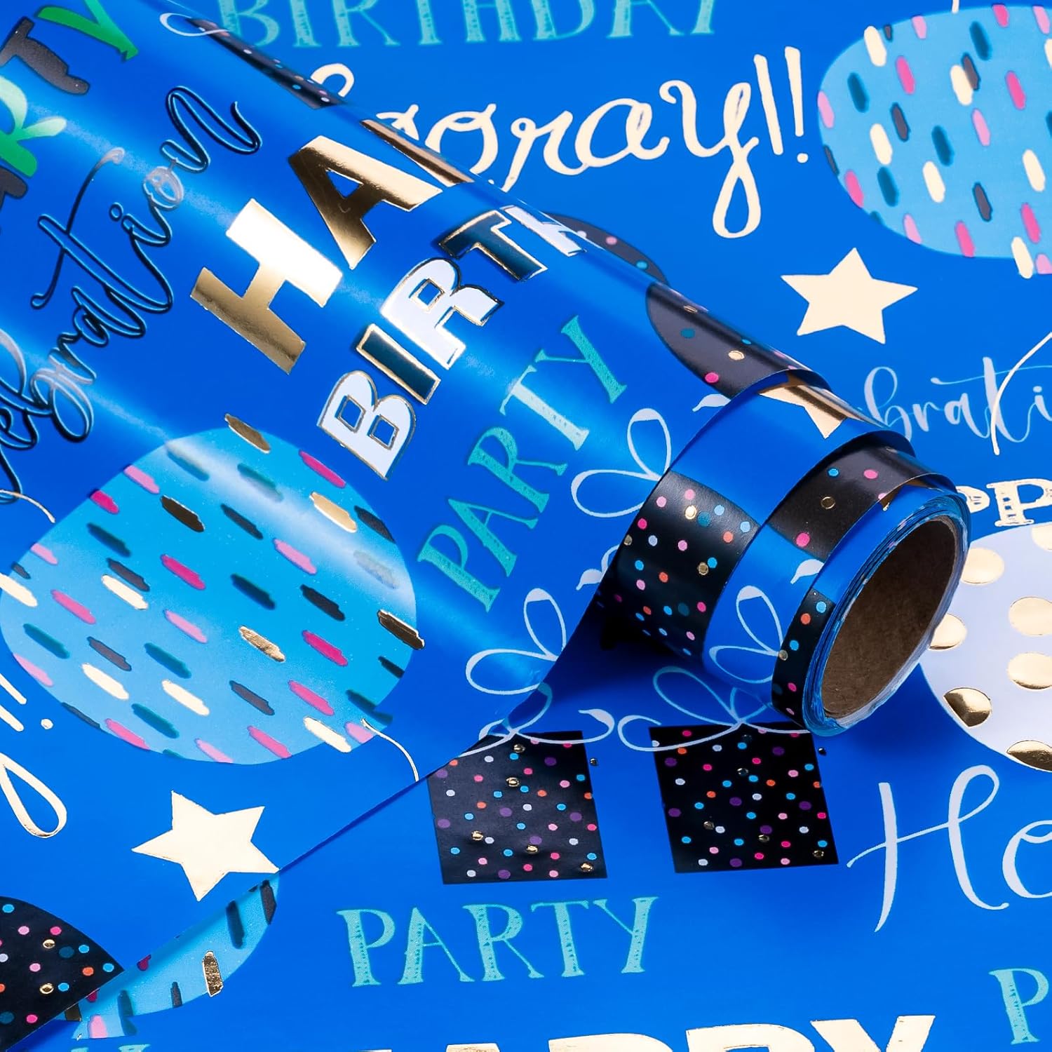 Birthday Wrapping Paper - Mini Roll - 17 Inch X 16.5 Feet - Blue Gold Foil Happy Birthday Wrapping Paper For Kids, Boys, Men, Baby Shower