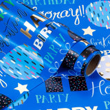 Birthday Wrapping Paper - Mini Roll - 17 Inch X 16.5 Feet - Blue Gold Foil Happy Birthday Wrapping Paper For Kids, Boys, Men, Baby Shower