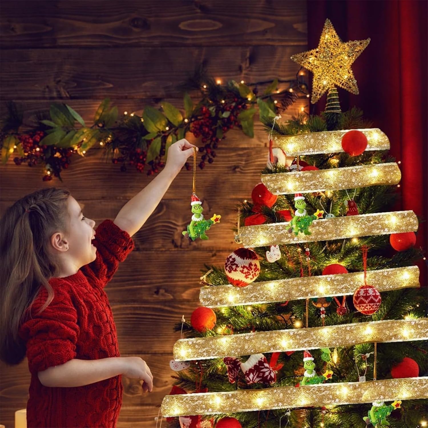 Gold Christmas Tree Decorations Ribbon Lights, 64Ft 200 Led String Lights, Battery-Powered Copper Wire Ribbon Lights For